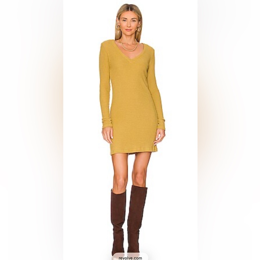 MONROW Brushed Waffle Knit Deep V Mini Dress in Golden Olive, XS